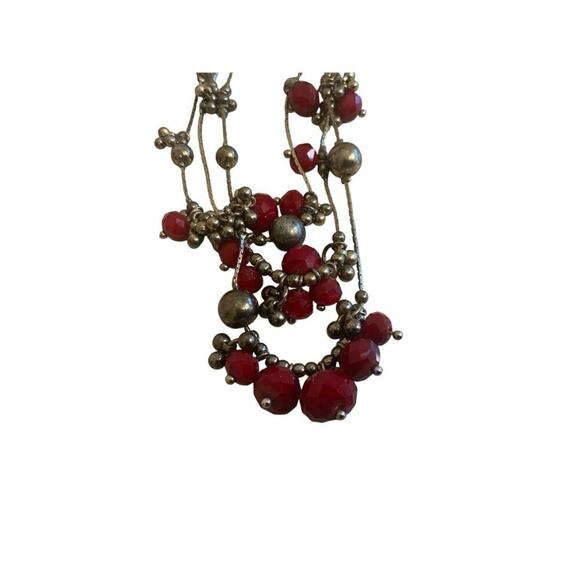 Red Beaded Silver Tone Multi Strand Necklace - Picture 6 of 11